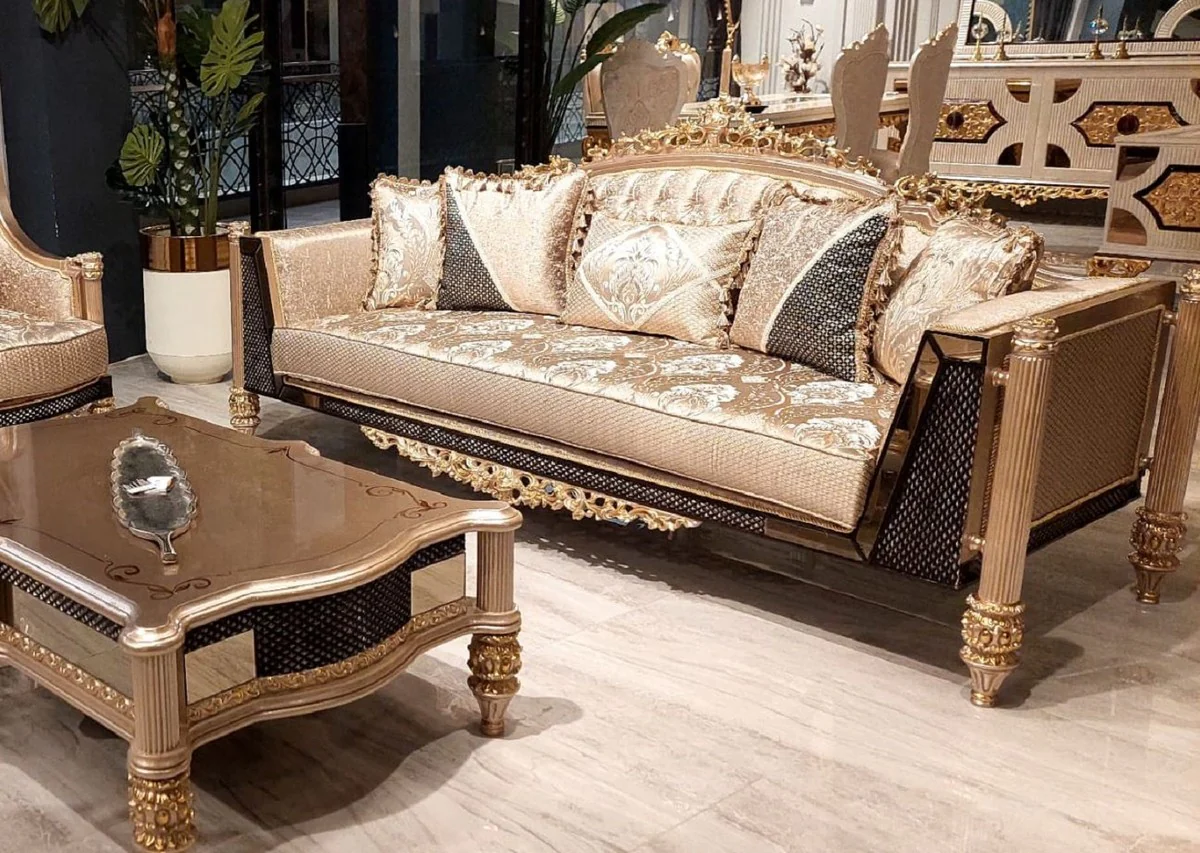 Luxury Baroque Living Room Set Gold / Black / Gray / Gold - 2 Baroque Sofas & 2 Baroque Armchairs & 1 Baroque Coffee Table - Luxury Living Room Furniture in Baroque Style - Baroque Furniture