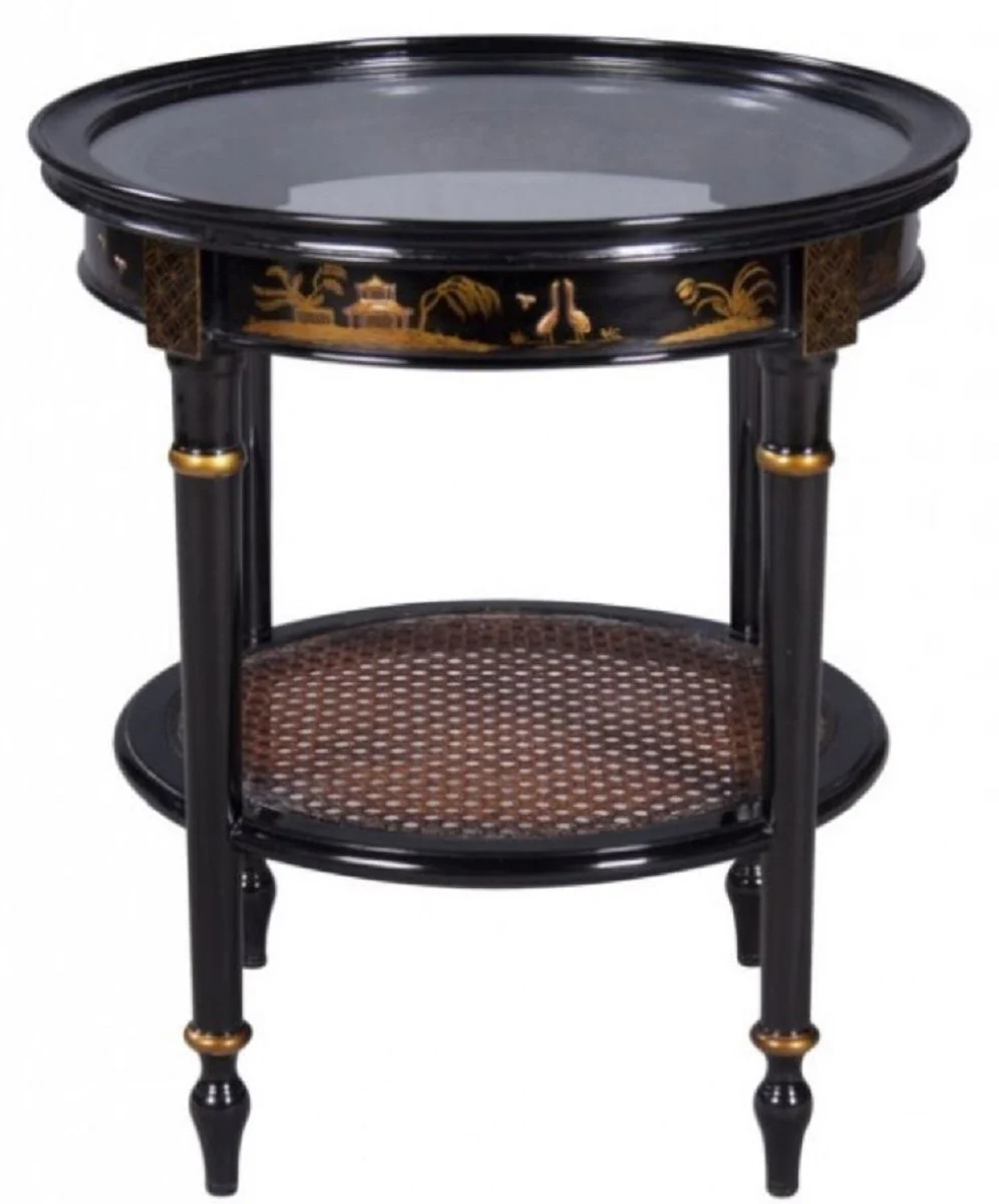 Luxury baroque side table black / gold Ø 48 x H. 53 cm - Round mahogany side table with glass top and Chinese decorations
