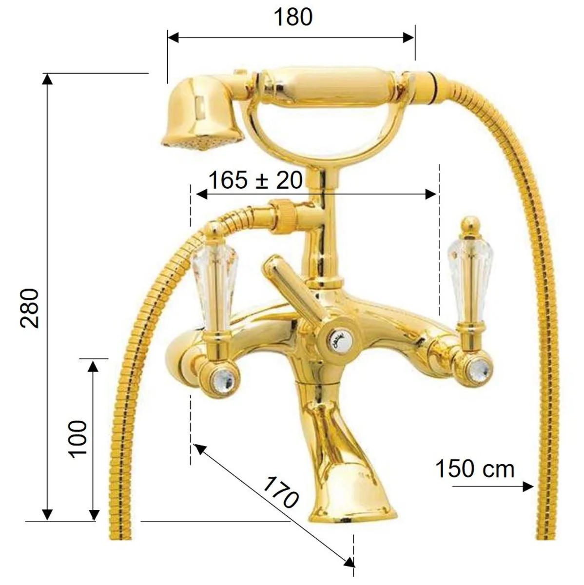 Luxury Art Nouveau bathtub faucet with Swarovski crystal glass gold - retro bathtub faucet with hand shower - nostalgic bathroom accessories