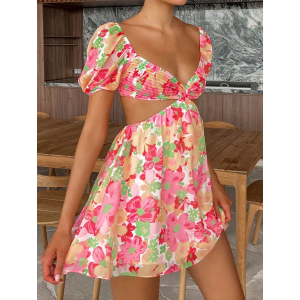 Puff Sleeve Cutout Mini Dress