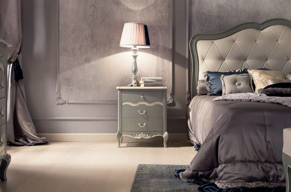 Luxury Baroque Nightstand with 3 Drawers Gray / White - Handmade Baroque Bedside Table - Baroque Bedroom Furniture - Luxury Furniture in Baroque Style - Luxury Quality - Made in Italy