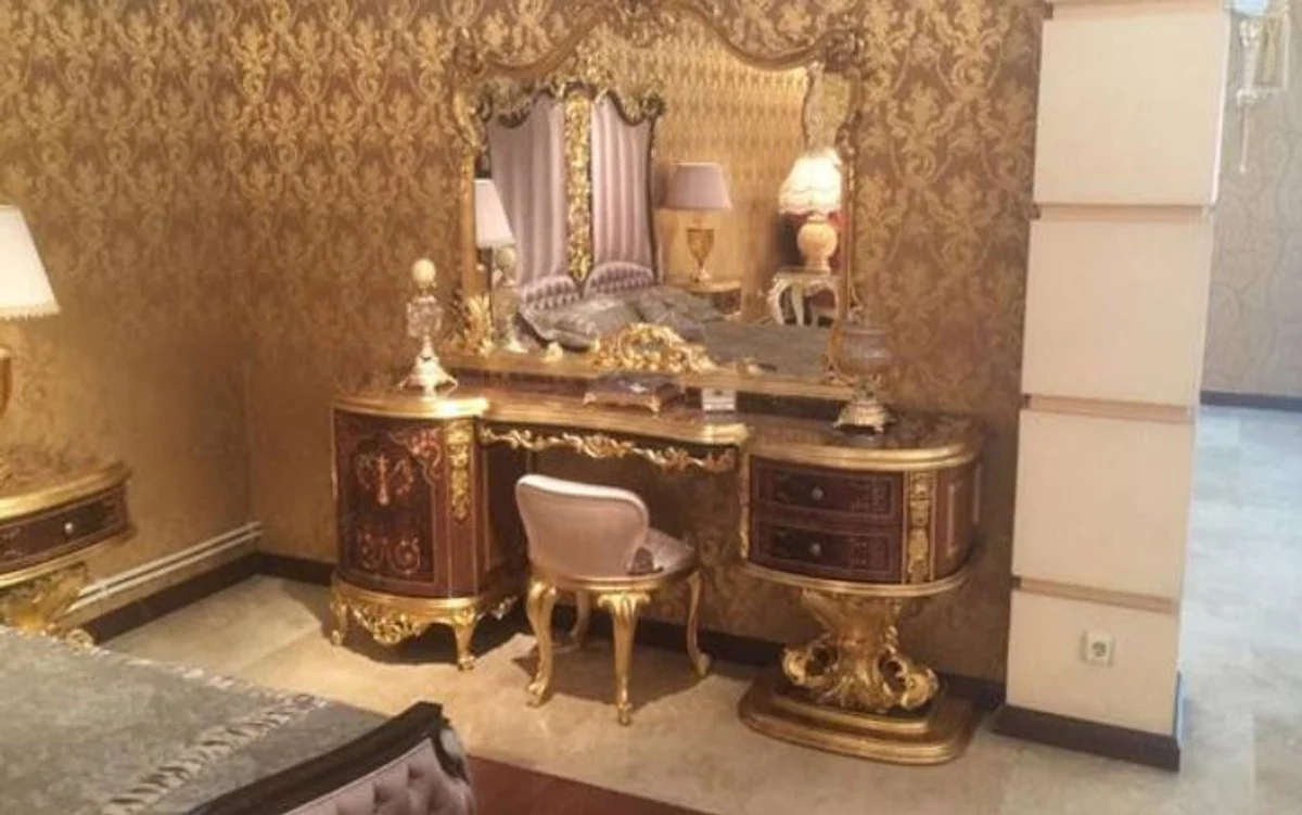 Luxury Baroque Bedroom Set Brown / Pink / Antique Gold - 1 Dressing Table & 1 Mirror & 1 Stool - Magnificent Bedroom Furniture in Baroque Style - Luxury Quality