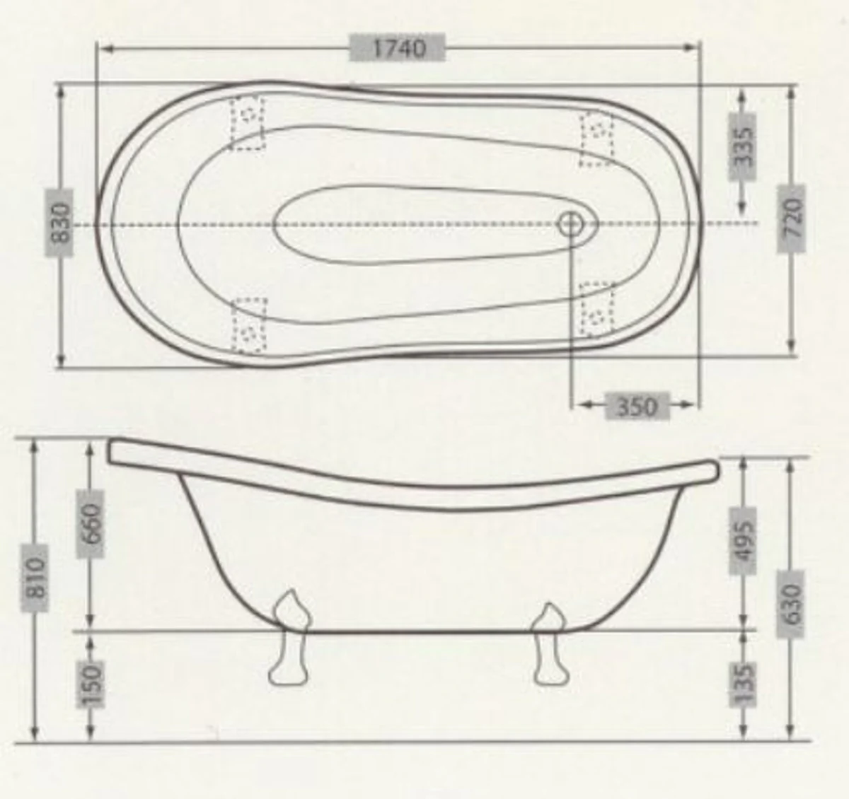 Luxury Art Nouveau bathtub white / sapphire blue / gold 174 x 83 x H. 81 cm - Freestanding retro bathtub with lion feet - Retro bathroom furniture