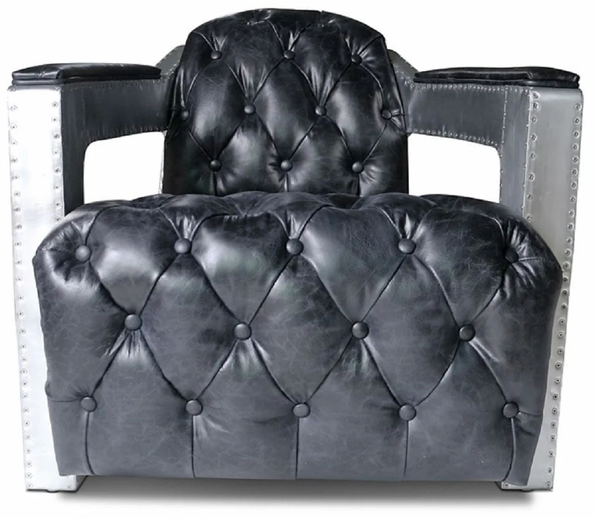 Chesterfield genuine leather armchair vintage black / silver 73 x 90 x H. 70 cm - living room leather armchair - club armchair - lounge armchair - art deco armchair - aluminum aircraft aviator furniture