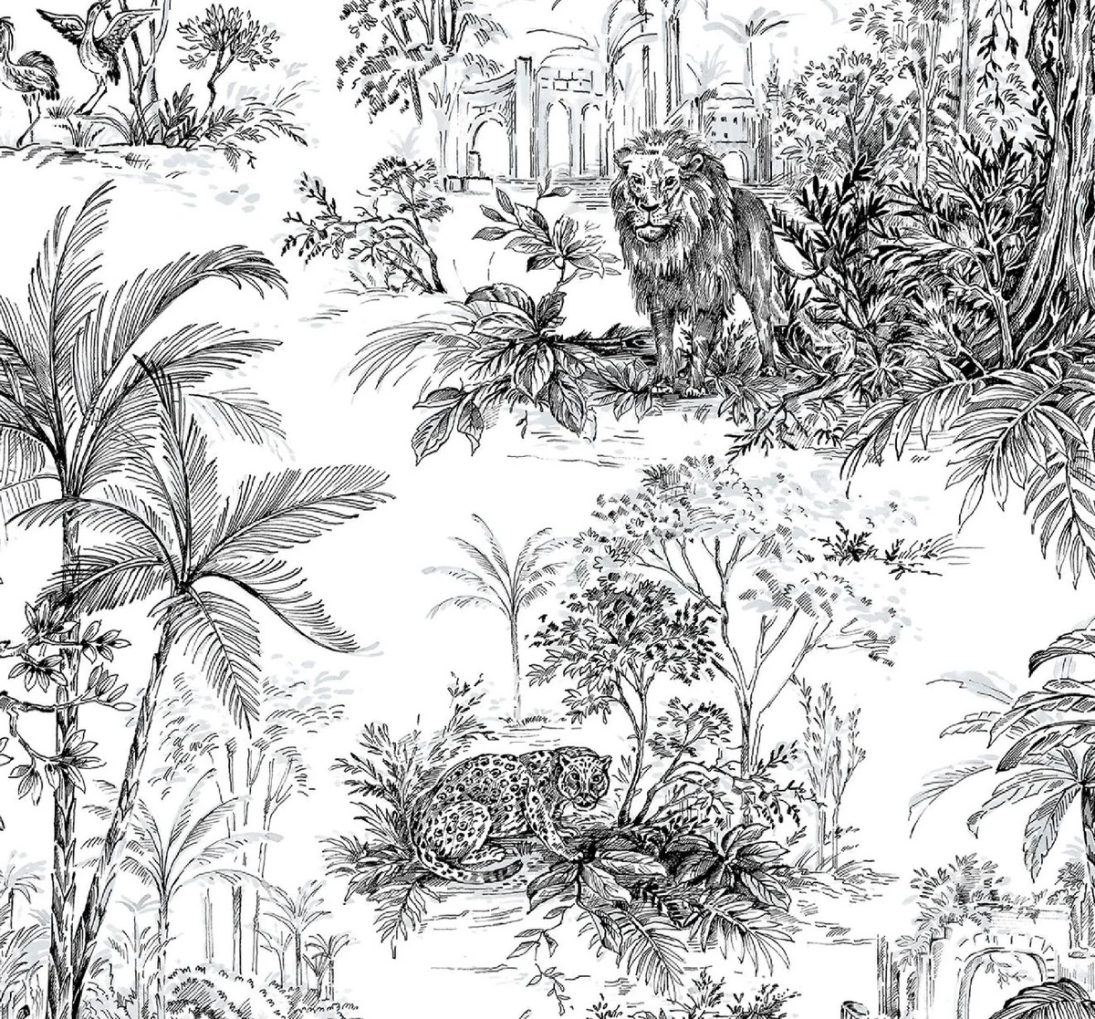 Luxury curtain set jungle white / black 250 x H. 290 cm - Printed linen & velvet curtains - Eyelet curtains - Sliding curtains - Living room bedroom curtains