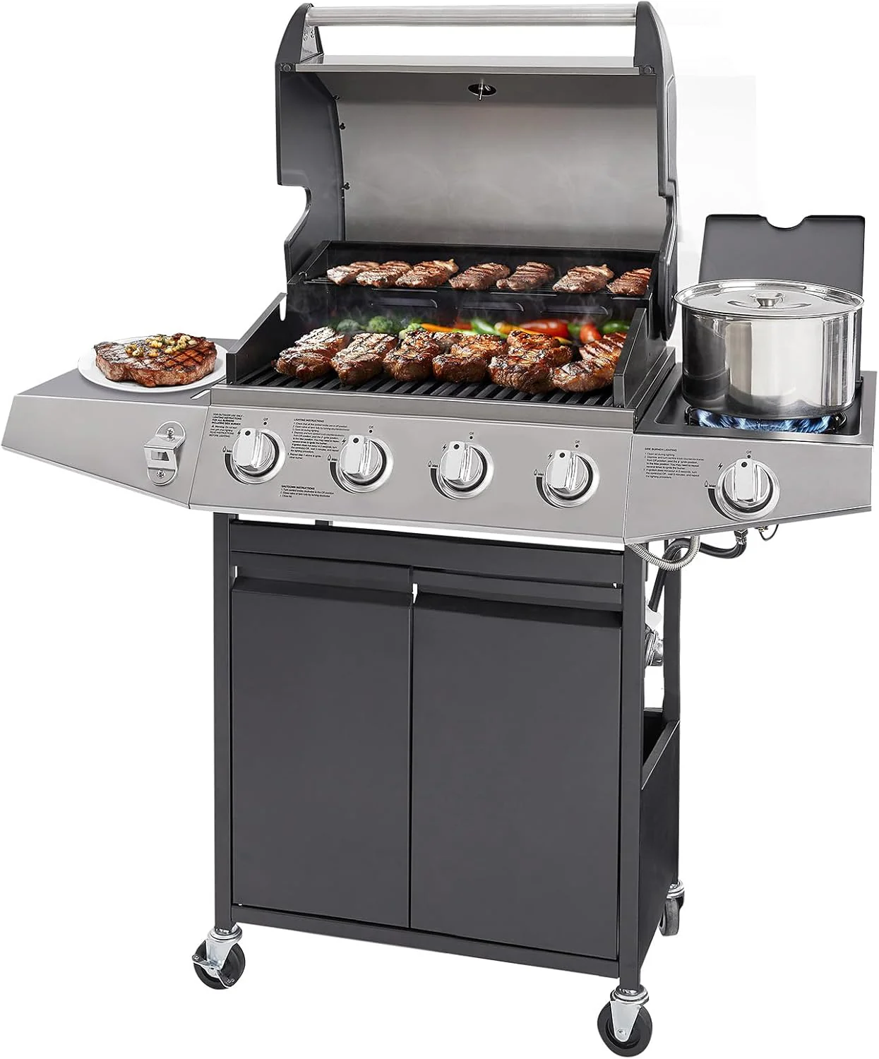 Unovivy 4-Burner Propane Gas Grill with Side Burner, Portable BBQ Grills with Oil Tray