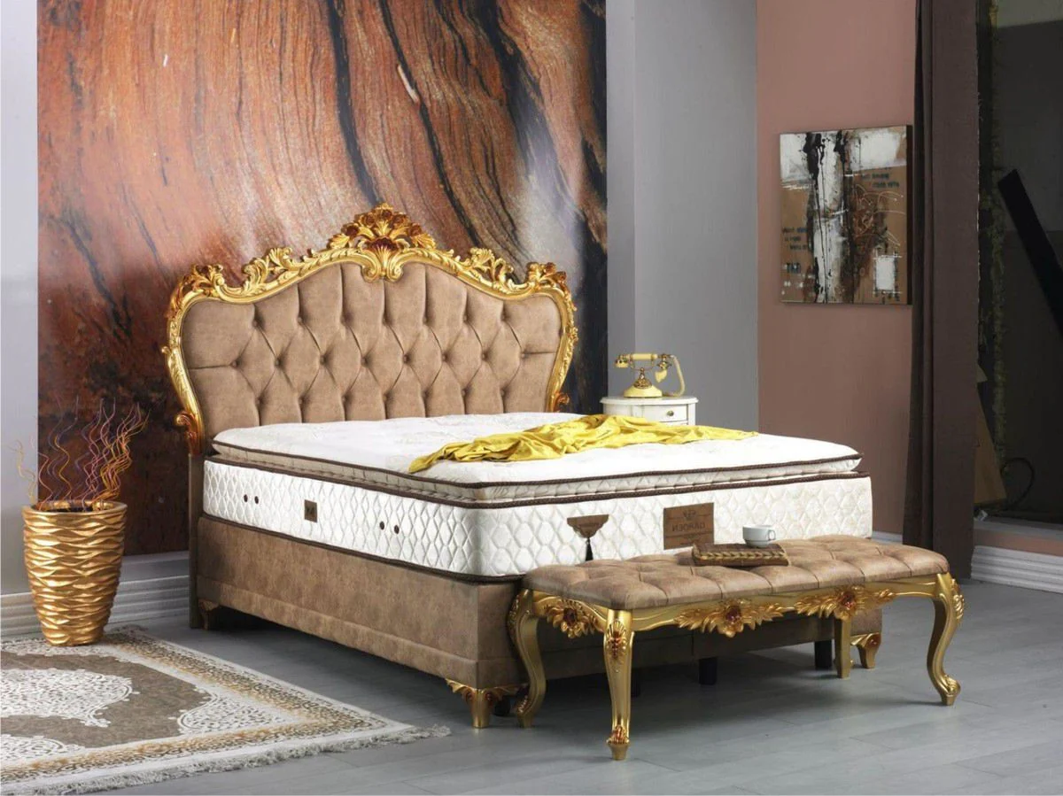 Baroque bedroom set brown / gold - magnificent double bed with bench - bedroom furniture in the baroque style