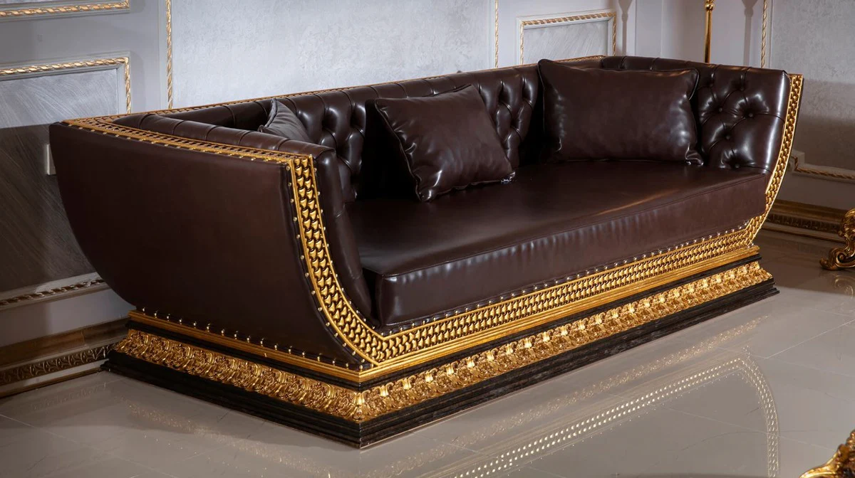 Luxury Baroque Chesterfield Sofa Dark Brown / Gold - Magnificent living room sofa with elegant faux leather - Baroque Chesterfield living room furniture