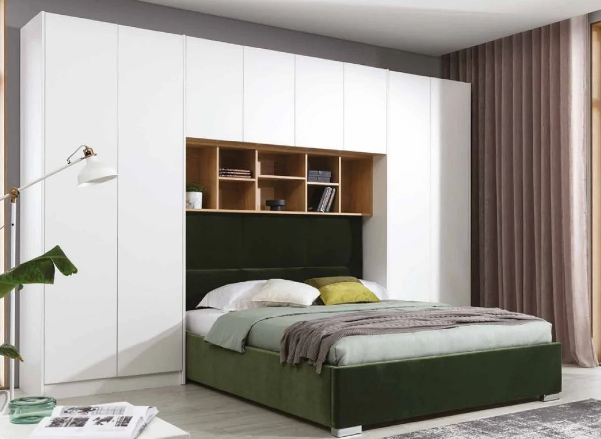 Luxury bedroom furniture set matt white / natural / green / silver - double bed with bedroom wardrobe - hotel furniture - bedroom furniture - luxury furniture - luxury furnishings