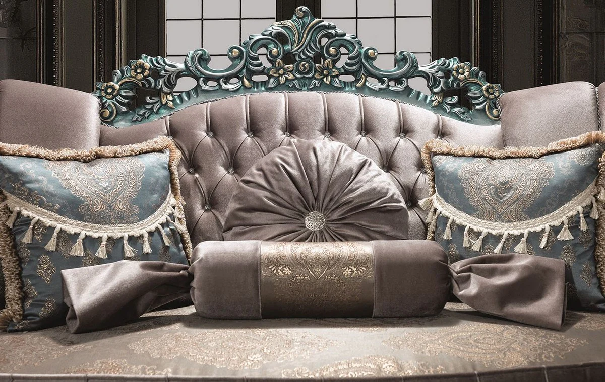 Luxury baroque velvet sofa gray / green / gold 225 x 95 x H. 115 cm - magnificent living room sofa with rhinestones and decorative cushions