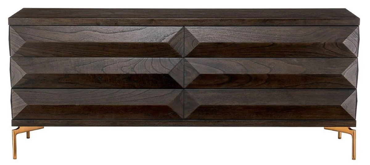 Luxury solid wood chest of drawers with 6 drawers mocha / brass 182 x 48 x H. 75 cm - Bedroom chest of drawers - Bedroom furniture - Luxury furniture - Luxury furnishings - Luxury furniture