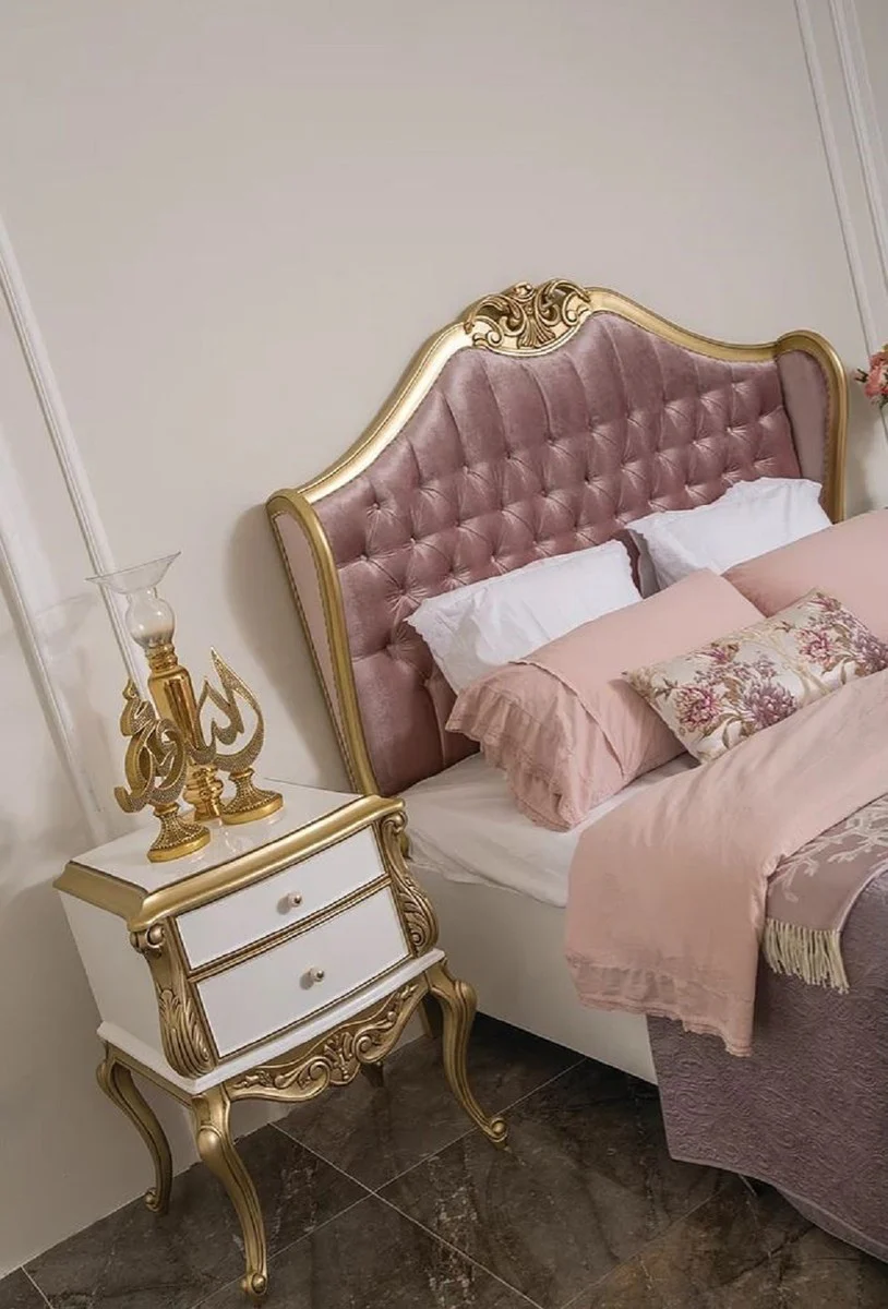 Luxury Baroque Nightstand White / Gold - Handcrafted Solid Wood Bedside Table with 2 Drawers - Baroque Bedroom Furniture