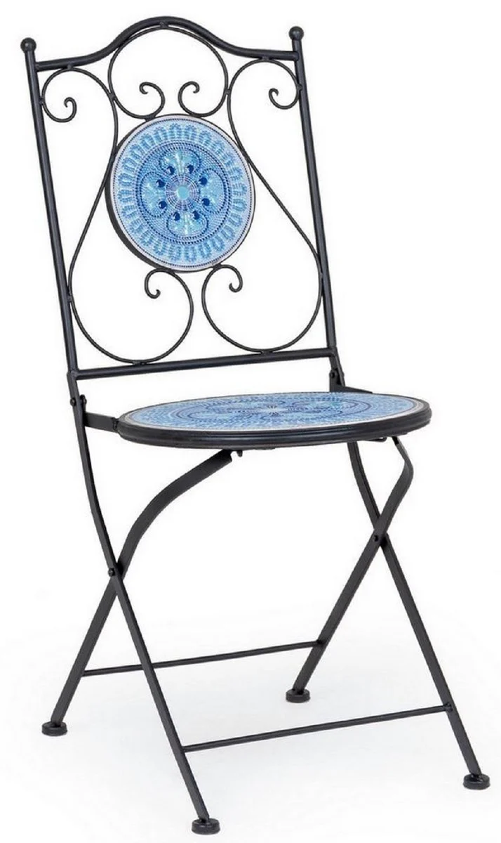 Art Nouveau garden chair set of 4 black / blue / white 39 x 47 x H. 92 cm - folding chairs with ceramic plates - nostalgic garden & catering furniture
