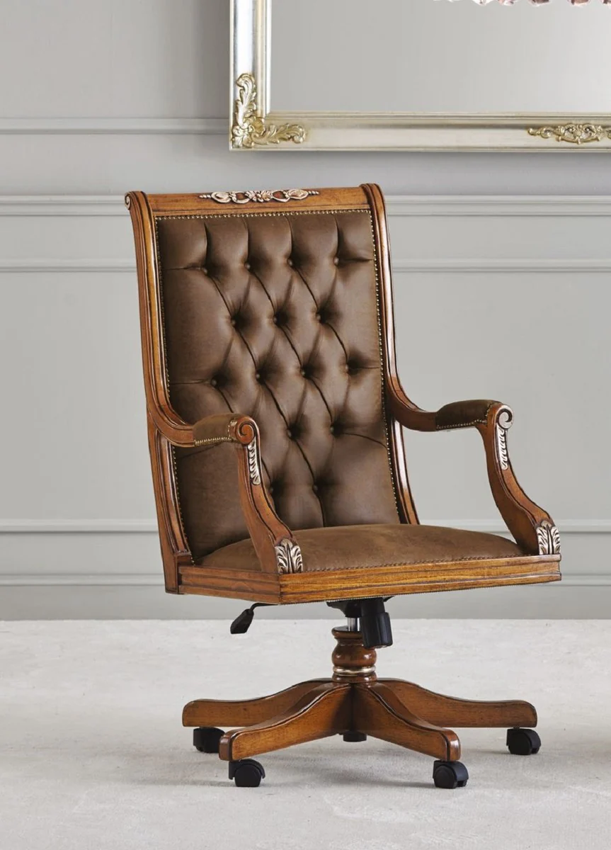 Luxury Baroque Chesterfield Desk Chair Brown - Height-adjustable Baroque style office chair with elegant faux leather - Baroque office furniture - Luxury quality - Made in Italy