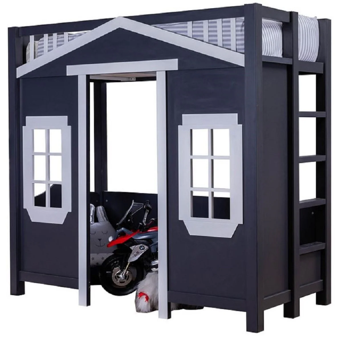 Country house style children's house bed dark blue / gray 208 x 102 x H. 196 cm - children's loft bed with ladder - country house style children's room furniture