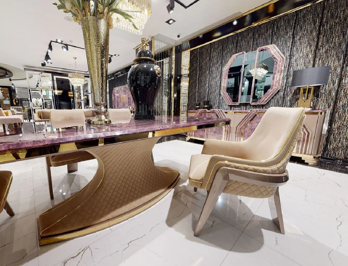 Luxury Art Deco Dining Room Chair Set with Armrests Beige / Gray / Gold - Kitchen Chairs Set of 6 - Luxury Dining Room Furniture - Art Deco Furniture - Luxury Furnishings - Art Deco Furnishings