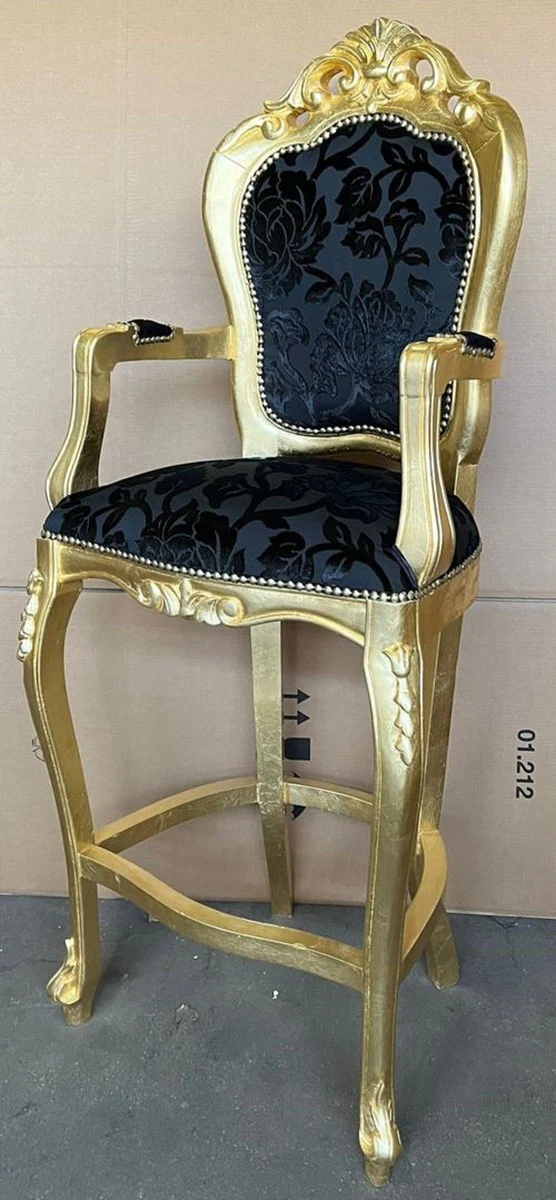Luxury Baroque Bar Chair with Armrests Black Pattern / Gold - Baroque Style Bar Stool - Luxury Bar Furniture in Baroque Style - Luxury Quality - Made in Italy