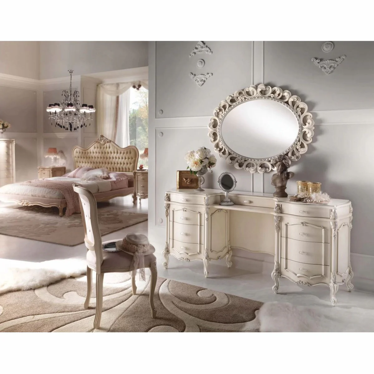 Luxury baroque dressing table with mirror cream / silver - Made in Italy