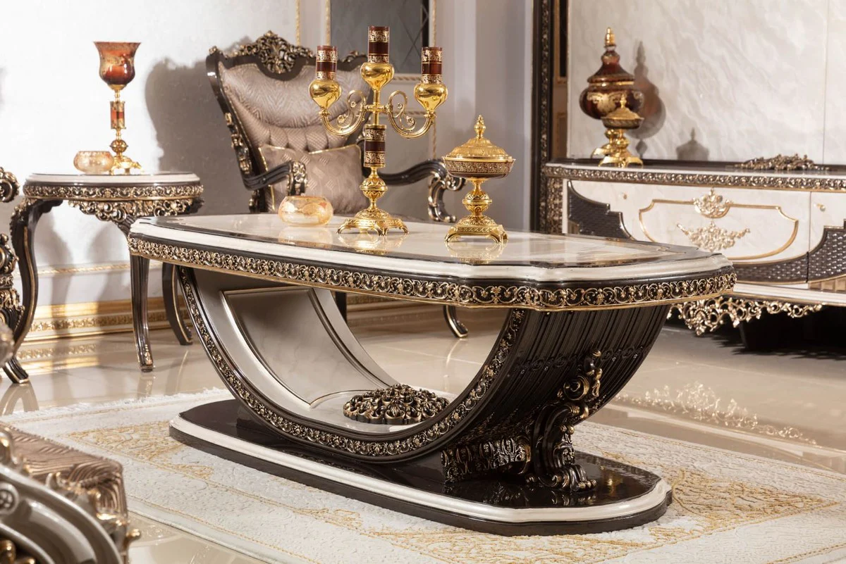 Luxury baroque coffee table cream / dark brown / gold 168 cm