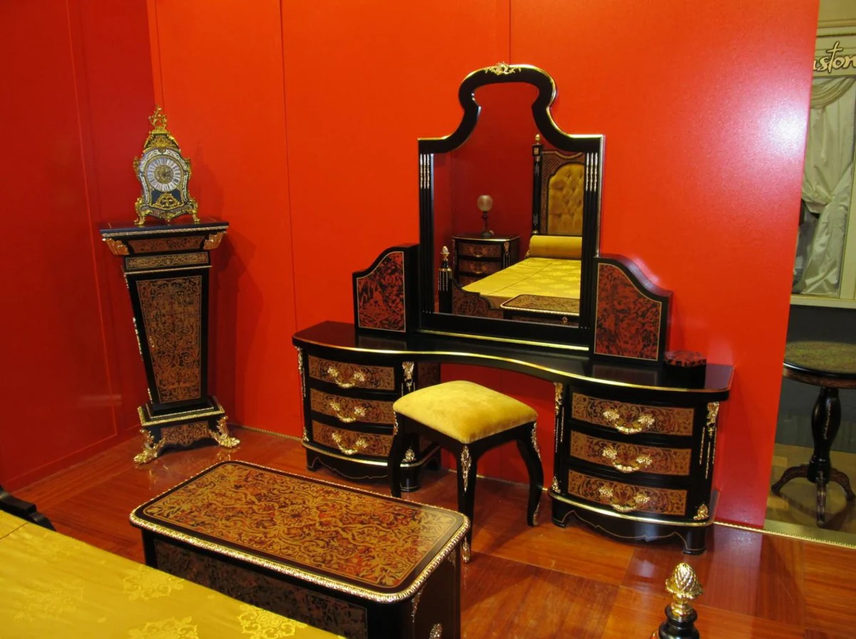 Luxury Baroque Boulle Bedroom Set Black / Red / Gold - 1 Dressing Table with Mirror & 1 Stool - Magnificent Bedroom Furniture in Baroque Style - Luxury Quality - Made in Italy