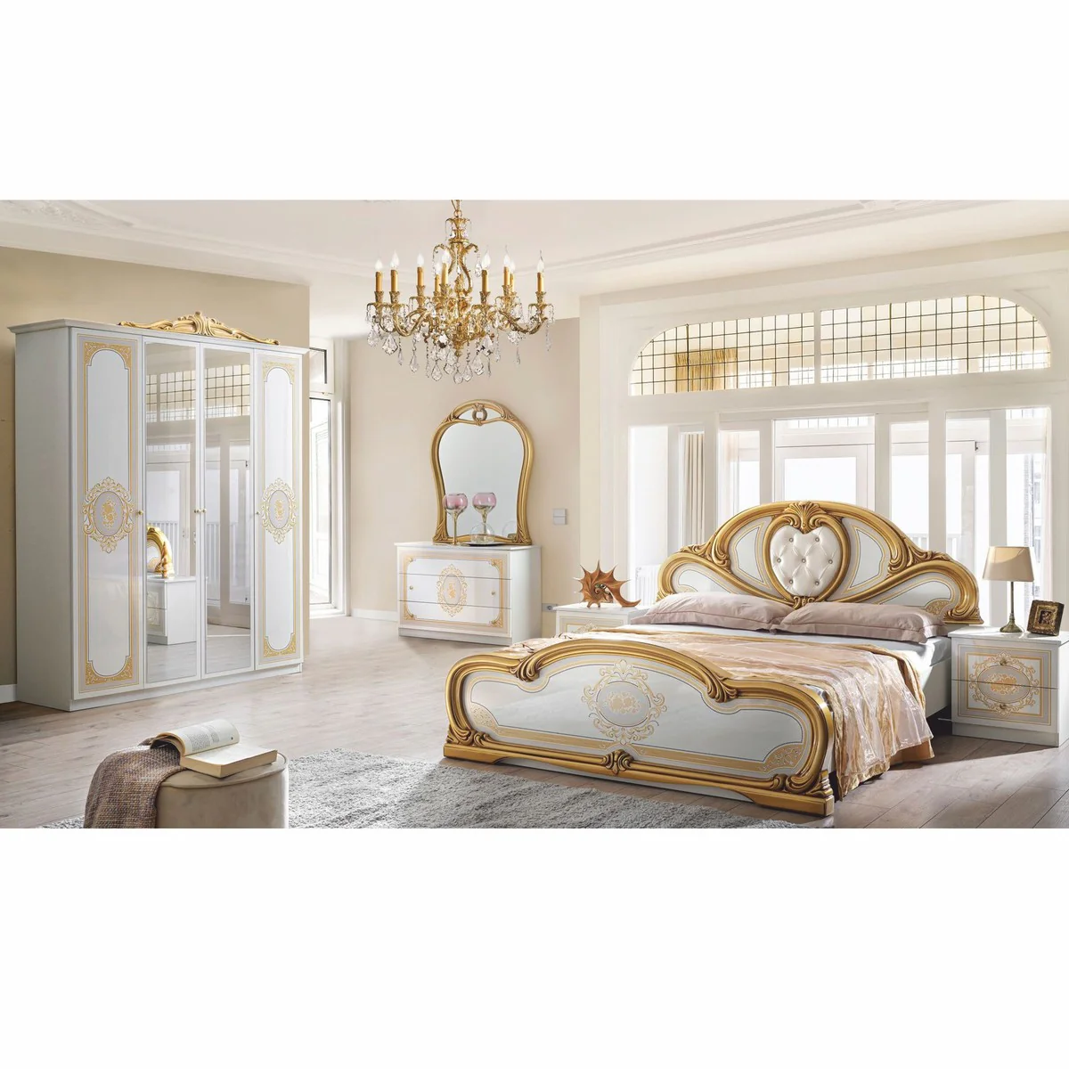 Luxury baroque double bed with rhinestones white / gray / gold - bedroom furniture