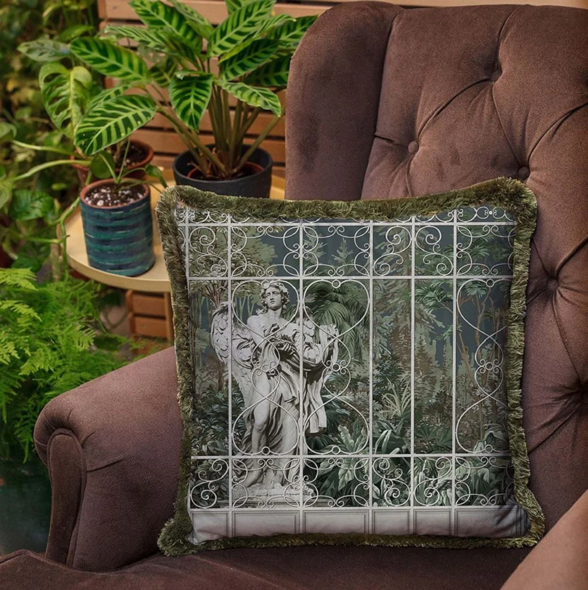 Luxury Baroque decorative cushion sculpture gray / brown / green 45 x 45 cm - Printed velvet cushion with fringes - Luxury Baroque decorative accessories