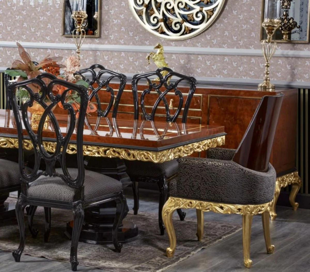 Luxury Baroque Dining Room Set Brown / Black / Gold - 1 Baroque Dining Table & 8 Baroque Dining Chairs - Luxury Dining Room Furniture in Baroque Style - Baroque Furniture - Noble & Magnificent
